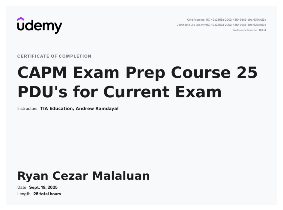 CAPM Exam Prep Course certificate