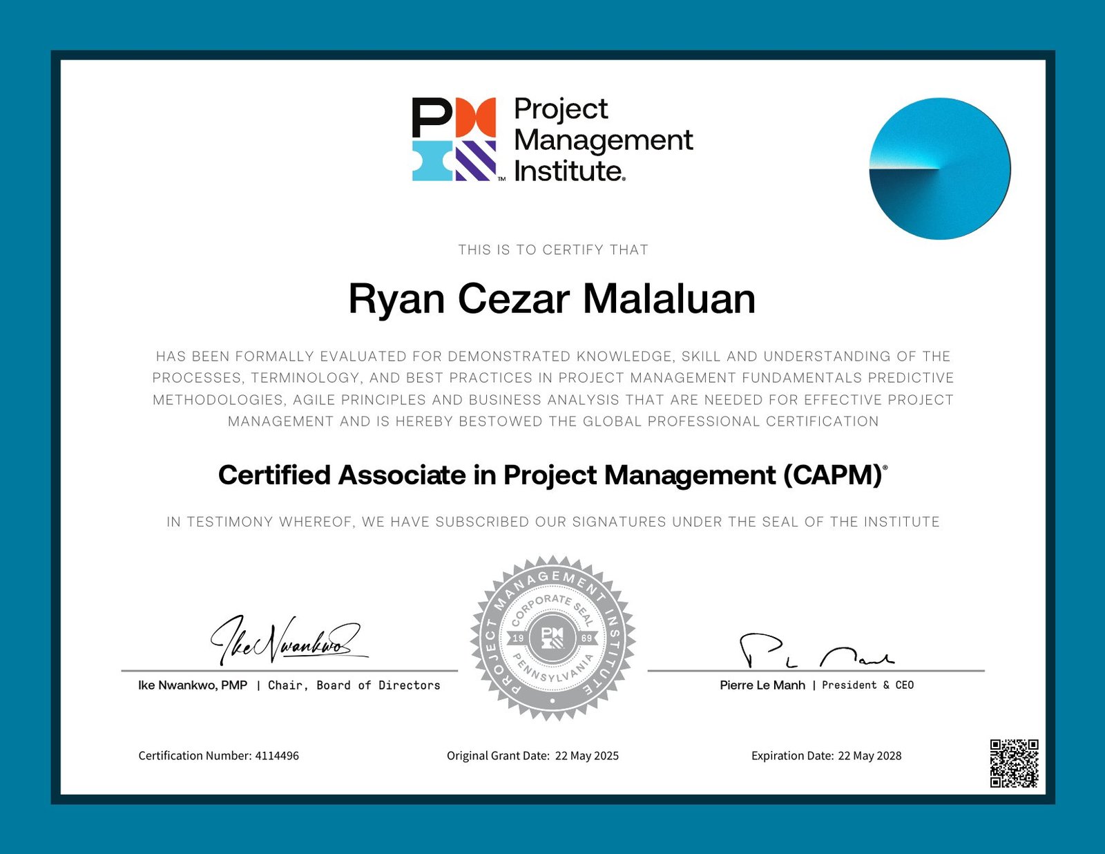 Certified Associate in Project Management (CAPM)® certificate