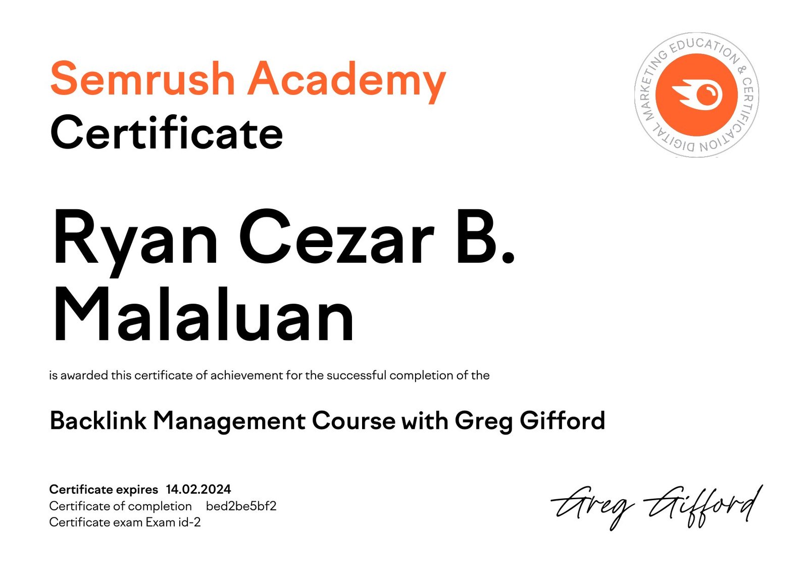 Backlink Management Course with Greg Gifford certificate