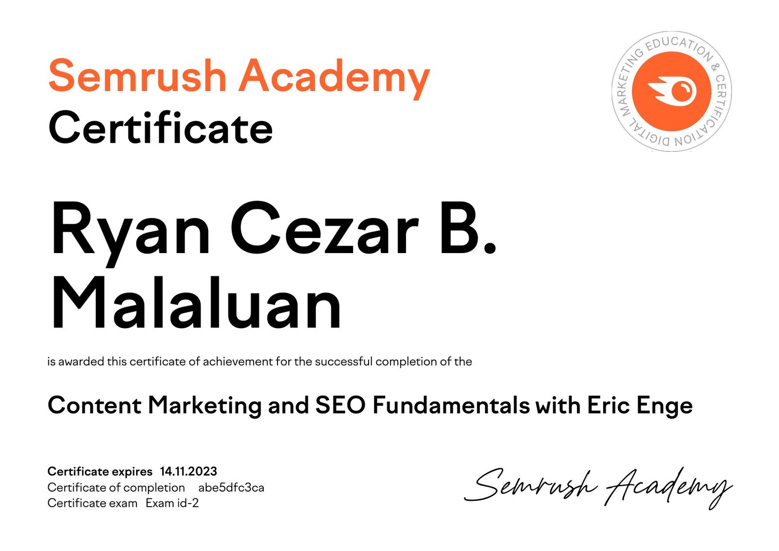 Content Marketing and SEO Fundamentals with Eric Enge certificate