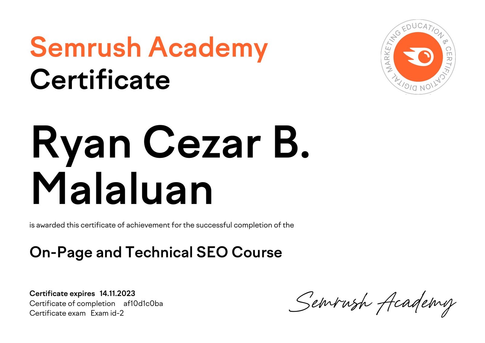On-Page and Technical SEO Course certificate